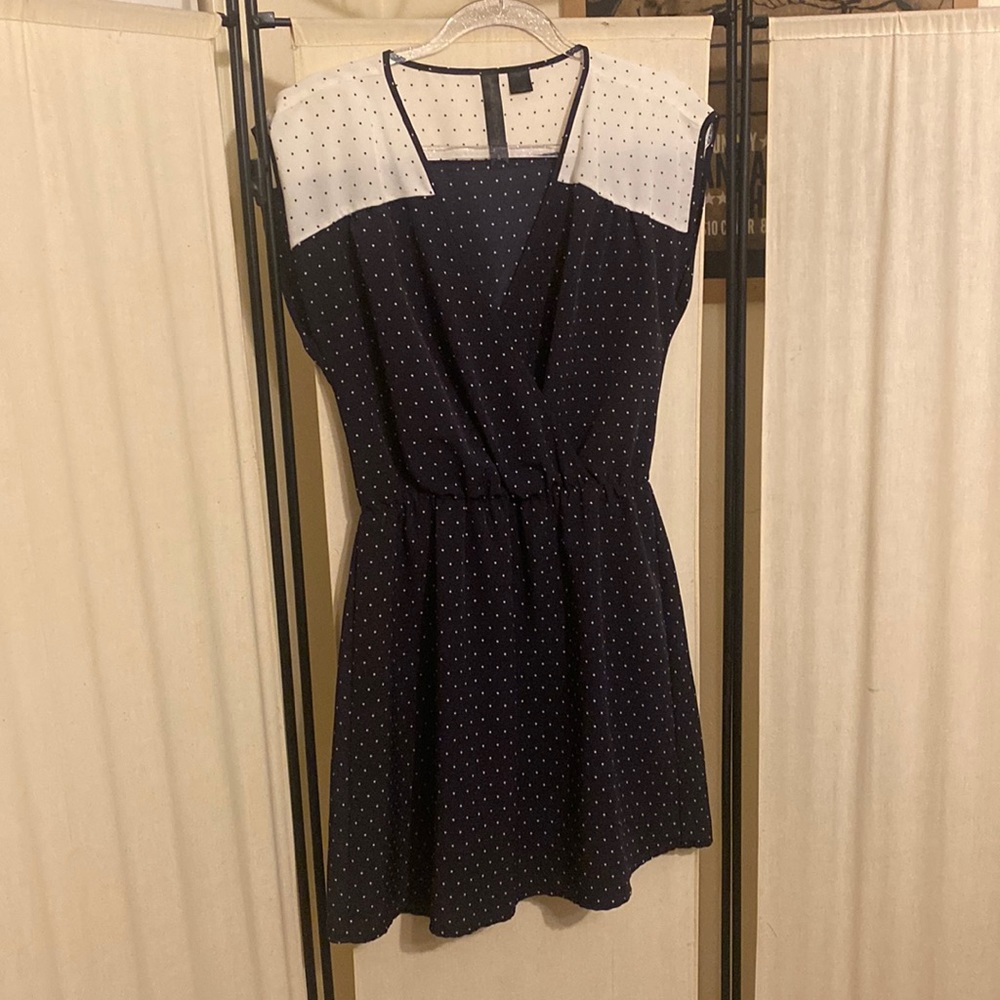 Polka Dot Mock Wrap Top Mini Dress with Cinch Waist; Excellent Used Condition